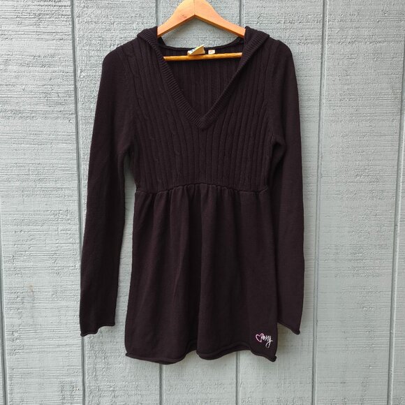 y2k Roxy Cable Knit Babydoll Hooded Sweater sz M Black Coquette Whimsygoth - Picture 1 of 10